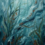 Blue contemporary office wall art featuring underwater sea grass with subtle rust accents