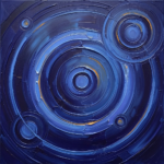 Indigo contemporary wall art for office featuring concentric celestial abstract forms with saffron highlights