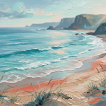 Turquoise corporate wall art featuring a serene tropical shoreline with gentle ocean waves