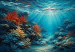 Turquoise corporate wall art featuring a vibrant underwater coral reef with filtered sunlight