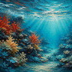 Turquoise corporate wall art featuring a vibrant underwater coral reef with filtered sunlight