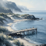 Dusty blue corporate office wall art featuring a wooden pier extending into calm coastal waters