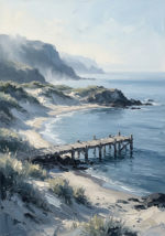 Dusty blue corporate office wall art featuring a wooden pier extending into calm coastal waters