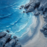 Blue corporate office artwork featuring an aerial crescent shoreline with crystal waves