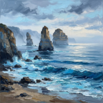 Blue corporate office artwork featuring distant sea stacks surrounded by calm ocean waves