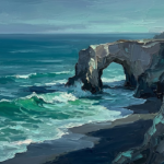 Slate and teal wall art for business office featuring a coastal sea arch and ocean waves