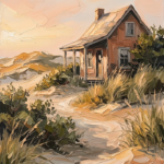 Clay and moss workplace wall art featuring a secluded beach house and winding dune path