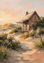Clay and moss workplace wall art featuring a secluded beach house and winding dune path