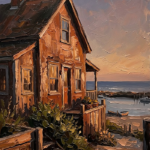 Clay and moss workplace wall art featuring a rustic cottage overlooking a quiet beach harbor