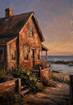 Clay and moss workplace wall art featuring a rustic cottage overlooking a quiet beach harbor