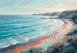 Turquoise and coral beach artwork featuring a curved tropical shoreline, waves, and distant cliffs
