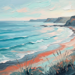 Turquoise and coral beach artwork featuring a curved tropical shoreline, waves, and distant cliffs