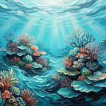 Turquoise and coral beach artwork featuring a luminous underwater reef and flowing ocean currents