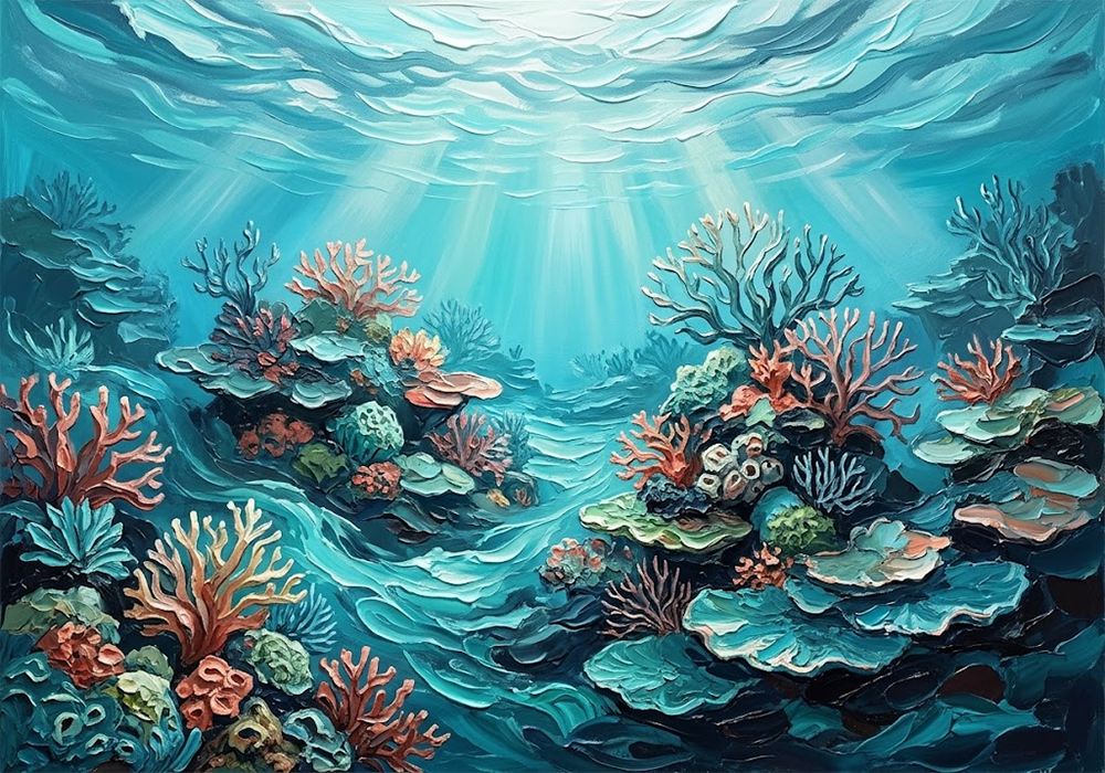 Coral Sanctuary Beach Artwork Turquoise & Coral Art Print