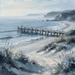Dusty blue beach wall art featuring a wooden pier extending into a calm secluded cove