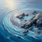 Ice blue beach landscape artwork featuring an aerial crescent shoreline, crystal waves, and coastal rocks