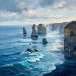 Ice blue beach landscape artwork featuring distant sea stacks surrounded by calm waves and evening mist