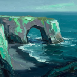 Sea glass beach prints featuring a dramatic coastal arch above deep teal waves