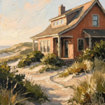 Clay and moss beach house art featuring a secluded home among dunes and coastal shrubs
