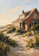 Clay and moss beach house art featuring a secluded home among dunes and coastal shrubs