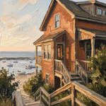 Clay and moss beach house art featuring a rustic cottage overlooking a quiet harbor