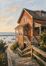 Clay and moss beach house art featuring a rustic cottage overlooking a quiet harbor