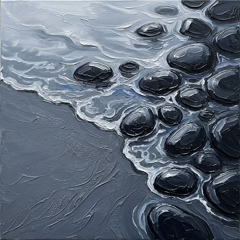 Coastal Silence Black and White Beach Prints Silver & Cobalt Art Print