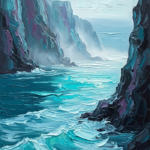 Glacier and plum blue coastal wall art featuring a secluded cove with cliffs and translucent waves