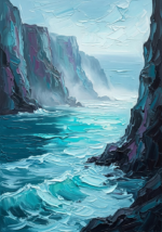 Glacier and plum blue coastal wall art featuring a secluded cove with cliffs and translucent waves