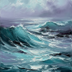 Glacier and plum blue coastal wall art featuring a towering wave beneath a misty sky