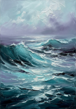 Glacier and plum blue coastal wall art featuring a towering wave beneath a misty sky