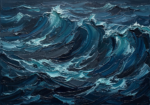 Peacock blue ocean artwork featuring towering open-sea waves with turquoise highlights