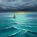 Sea glass seascape canvas wall art featuring a sailboat crossing sweeping turquoise waves