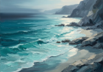 Sea glass coastal wall art featuring a secluded turquoise beach, smooth rocks, and distant cliffs