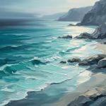 Sea glass coastal wall art featuring a secluded turquoise beach, smooth rocks, and distant cliffs