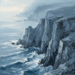 Dusty blue coastal art featuring weathered cliffs, layered waves, and a mist-covered horizon