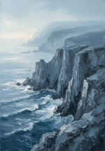 Dusty blue coastal art featuring weathered cliffs, layered waves, and a mist-covered horizon