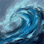 Ice blue large coastal wall art featuring a massive curling wave with translucent aqua foam