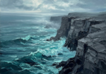 Deep teal coastal art prints featuring a rugged cliff above crashing waves and atmospheric sea mist