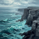 Deep teal coastal art prints featuring a rugged cliff above crashing waves and atmospheric sea mist