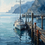 Prussian and rust modern coastal art featuring a sailboat, wooden docks, and calm teal water