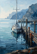 Prussian and rust modern coastal art featuring a sailboat, wooden docks, and calm teal water