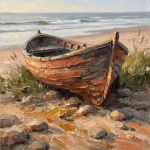 Clay and moss coastal canvas wall art featuring a weathered boat on a quiet beach