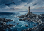Navy nautical wall art featuring a lighthouse, rocky harbor, teal water, and distant boats