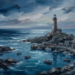 Navy nautical wall art featuring a lighthouse, rocky harbor, teal water, and distant boats