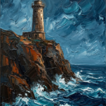 Prussian blue nautical art featuring a historic lighthouse, rugged cliffs, and crashing teal waves