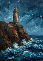 Prussian blue nautical art featuring a historic lighthouse, rugged cliffs, and crashing teal waves