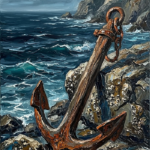 Prussian and rust nautical art featuring a weathered anchor beside turbulent teal water