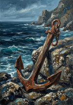 Prussian and rust nautical art featuring a weathered anchor beside turbulent teal water