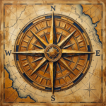 Ochre and navy nautical compass wall art featuring an antique compass rose and aged chart details